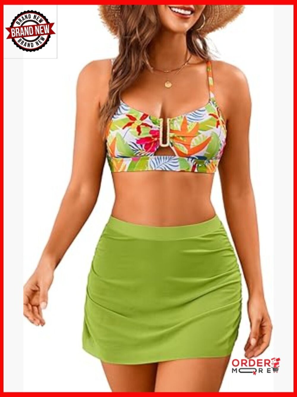 Floral High Waisted Bikini Set with Skirt - Two Piece Modest Swimwear